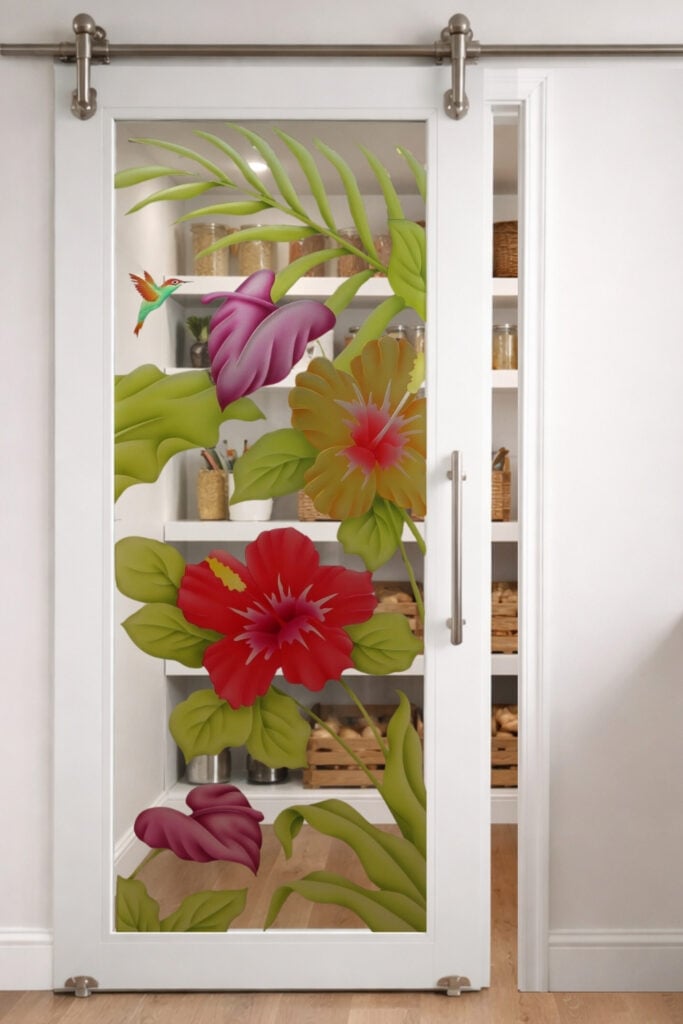 Decorative floral frosted glass pantry door with colorful hibiscus design adding style and privacy to kitchen