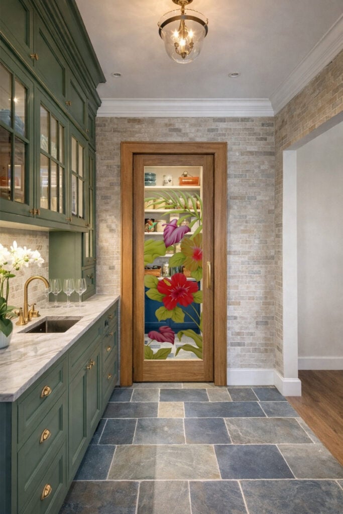 Colorful hibiscus and tropical floral painted decorative glass pantry door in natural wood frame installed in a modern farmhouse butler&rsquo;s pantry kitchen with sage green cabinetry and brass fixtures