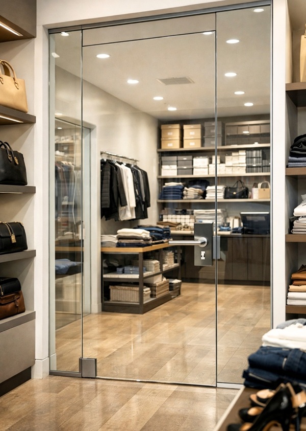 Frameless interior glass door separating retail display area and backroom storage in a modern boutique with clothing, shelves, and wood flooring