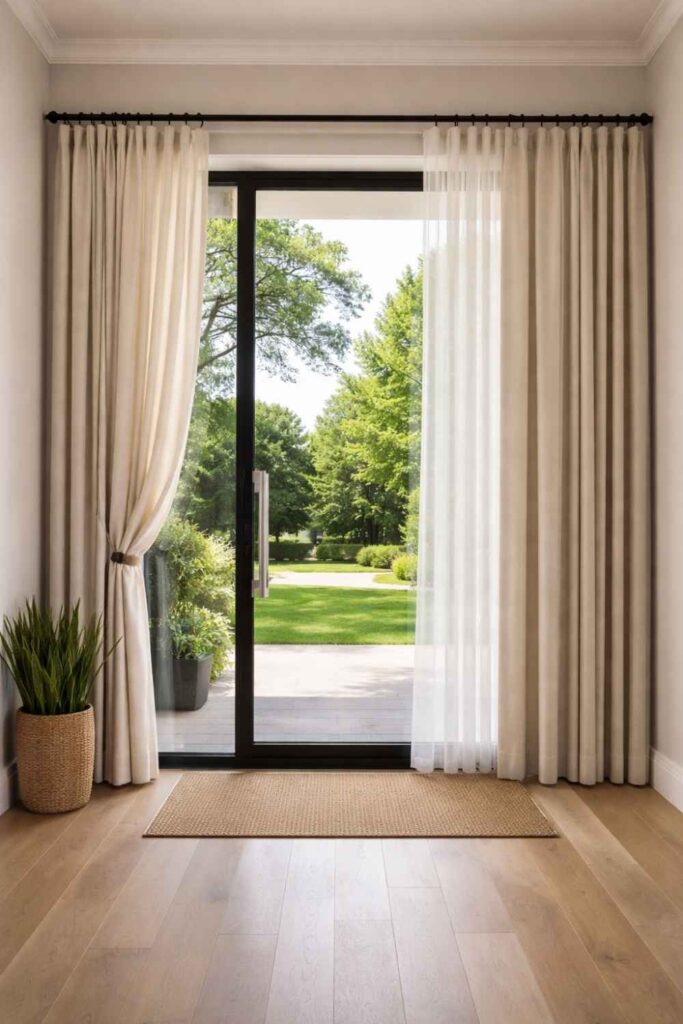 Clear glass front door with soft neutral curtains partially open, allowing natural light in while offering adjustable privacy in a modern entryway