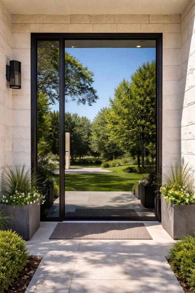 Modern home entry with reflective glass front door showing mirrored exterior view for daytime privacy while maintaining visibility from inside