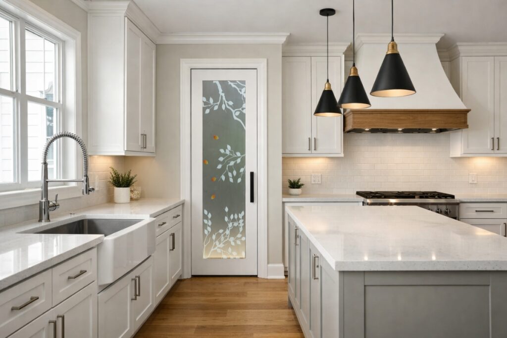 Modern transitional kitchen in a new construction home featuring a narrow full glass pantry door with painted details, with white shaker cabinets, quartz countertops, and warm wood flooring