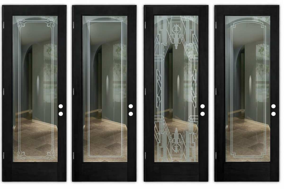 Modern black glass doors showcasing custom etched frosted glass designs including geometric and ornate styles