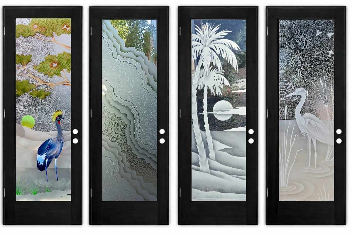 Modern black front doors with decorative glass 