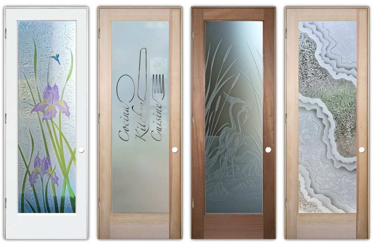 Best glass doors with frosted and etched designs including floral iris, kitchen text, heron wildlife, and abstract layered pattern