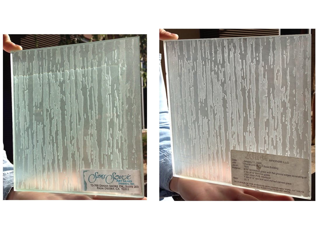 Side-by-side comparison of carved tree bark texture glass samples showing ultra-clear low-iron glass with a brighter neutral appearance versus regular clear glass with a subtle green tint.