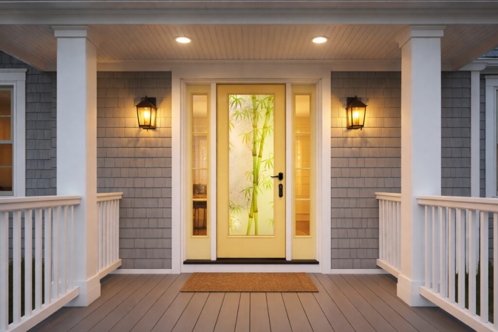 front door with frosted carved glass bamboo design illuminated at night with sidelights on covered porch