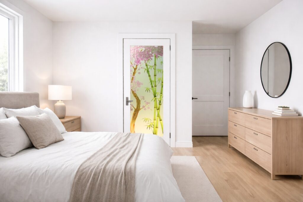 Sophisticated frosted glass interior door featuring painted cherry blossom and bamboo art glass