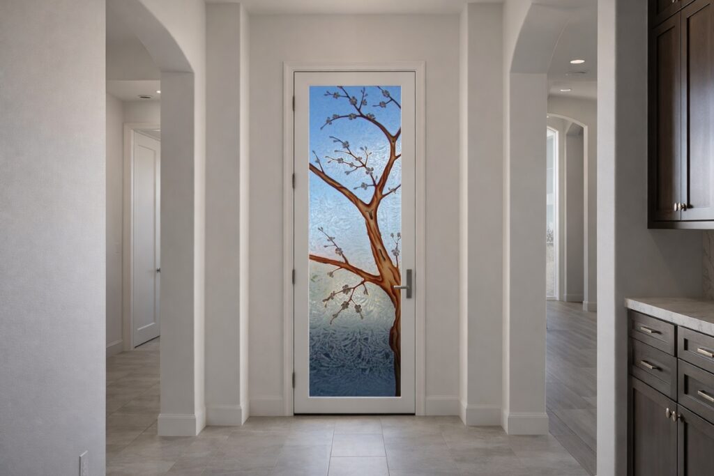 Art Deco interior door with full glass panel featuring a frosted tree design in a clean modern home with soft natural lighting