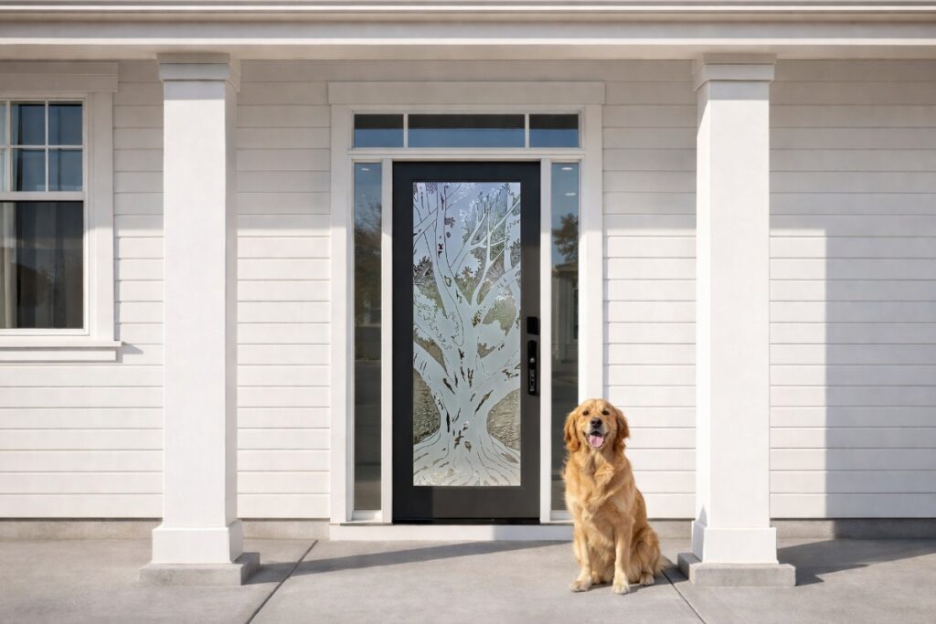 Frosted glass door with tree design and 3D carved oak tree, golden retriever sitting outside