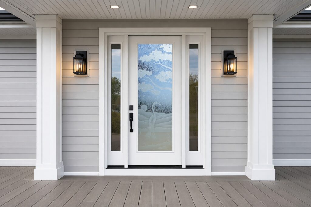 Modern transitional home with a wide, clean new-construction porch and a white fiberglass front door featuring full etched glass with a heron and tree design