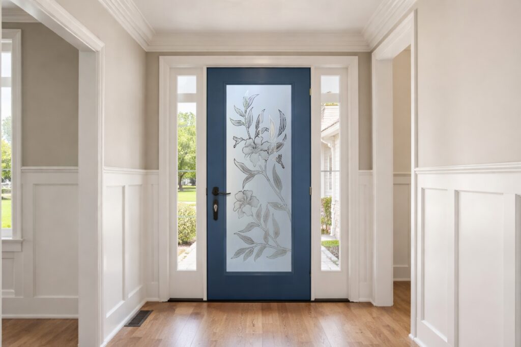 Front door glass design Hibiscus Hummingbird 2D shaded design