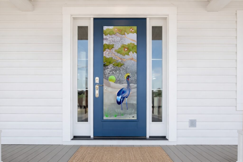 Blue front door with decorative frosted glass crane design, bold color curb appeal
