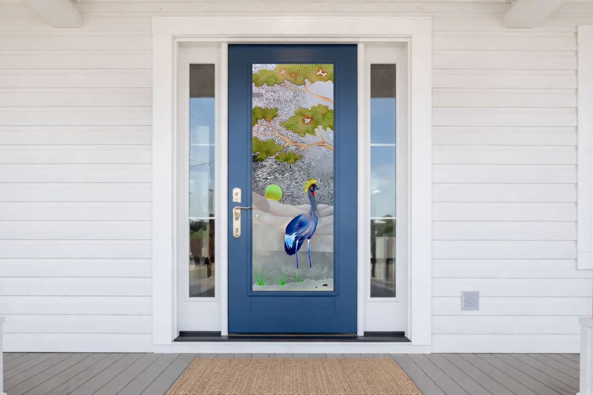 Blue front door with decorative glass crane design, bold color curb appeal
