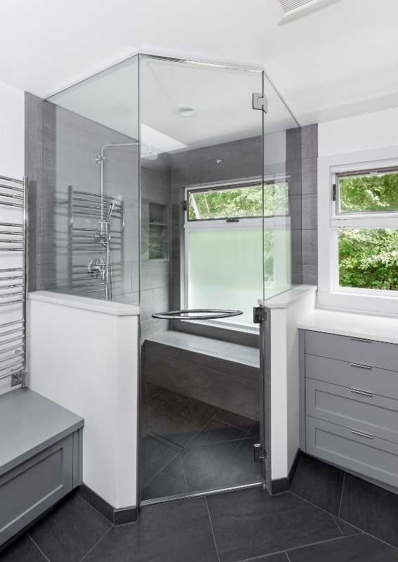 Floor to ceiling glass shower in master bathroom