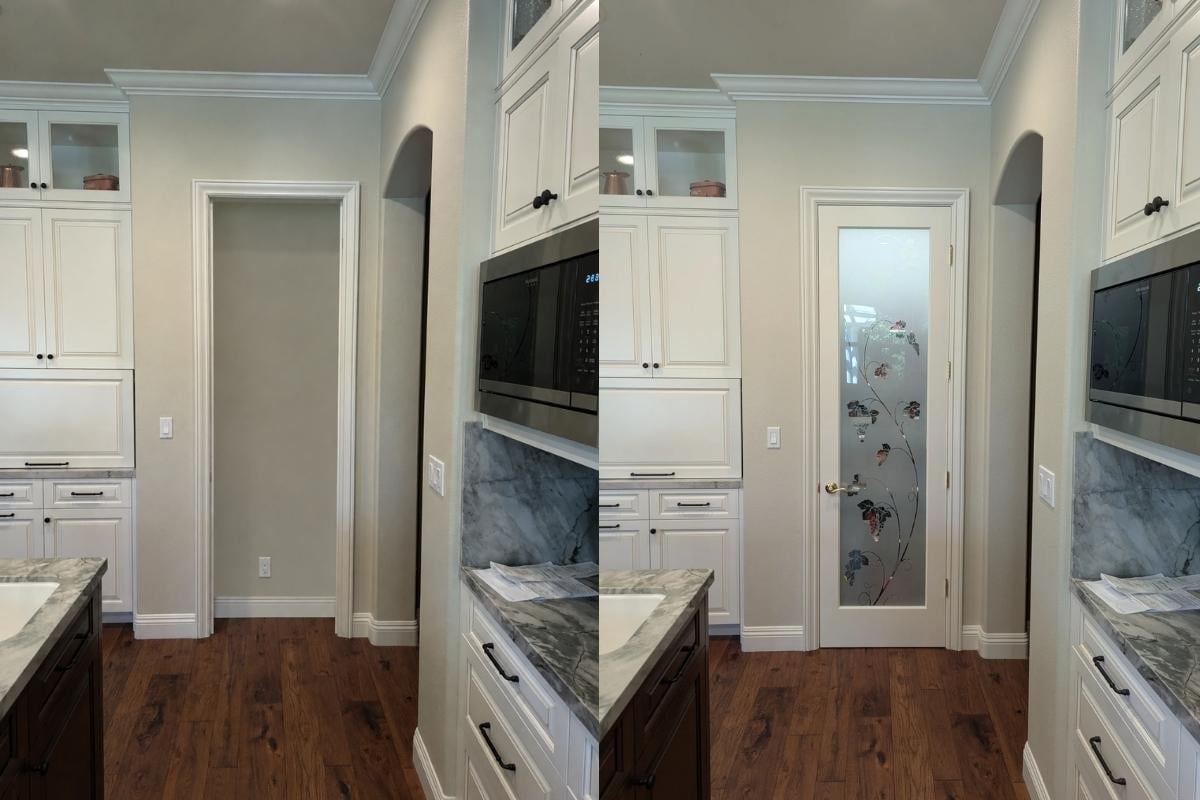 Before and after view of a kitchen pantry doorway transformed with a frosted glass pantry door featuring a grapevine design.
