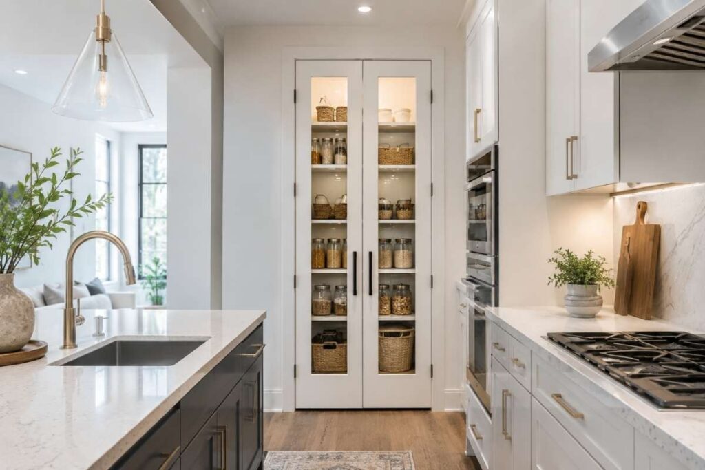 Narrow white French pantry doors with glass panels showing organized pantry shelves in a kitchen.