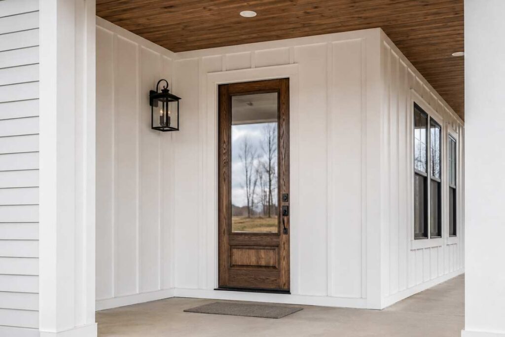 Wood front door with full-length clear glass panel on a bright modern farmhouse porch.
