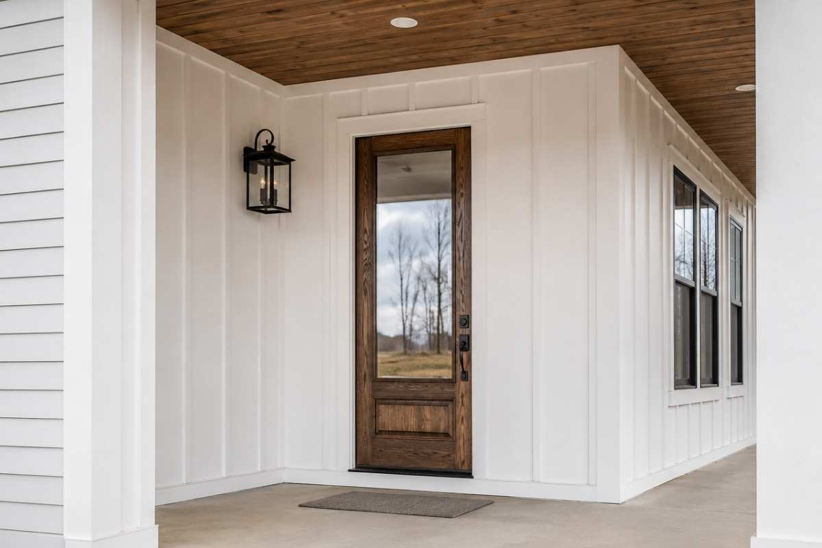 Farmhouse style home with rustic door