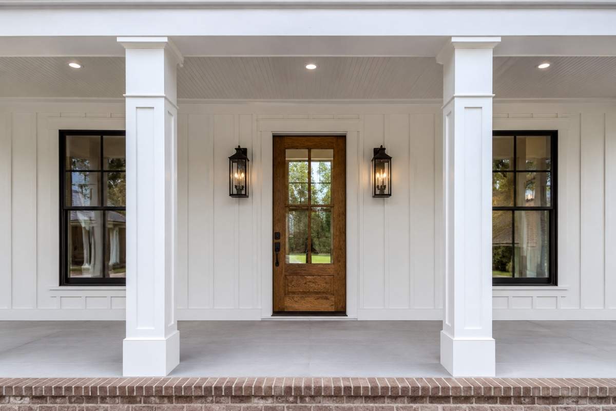 Rustic wood front door with glass on a modern farmhouse porch