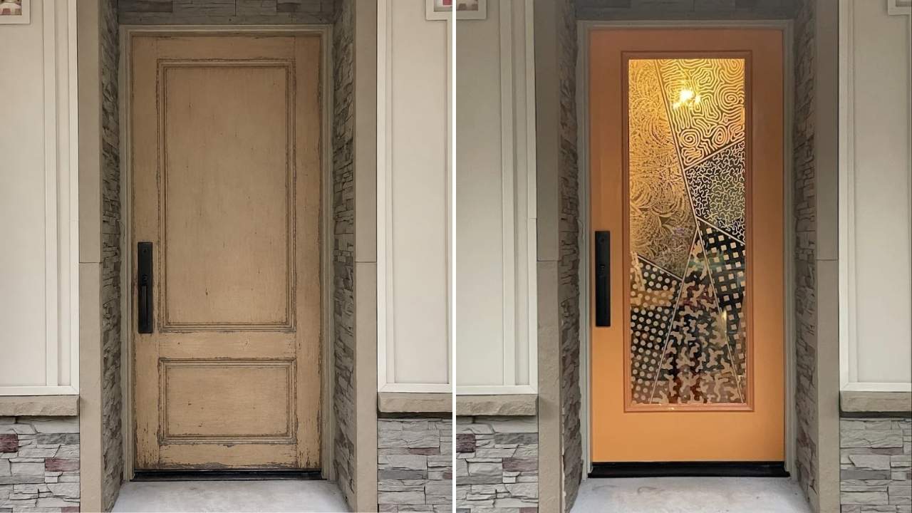 Before and after front entry showing an old solid wood door replaced with a warm-toned glass door featuring an abstract geometric decorative glass design.