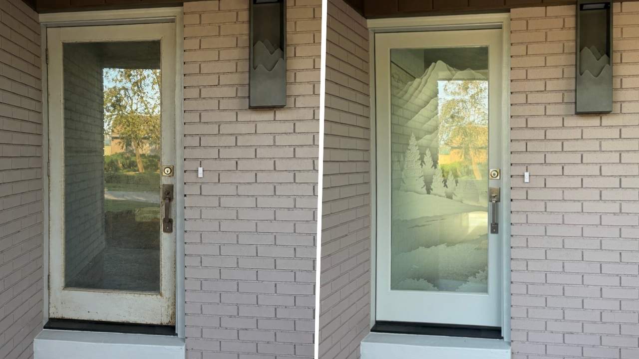 Before and after front entry showing an old full glass door replaced with a white door featuring a frosted mountain landscape glass design.