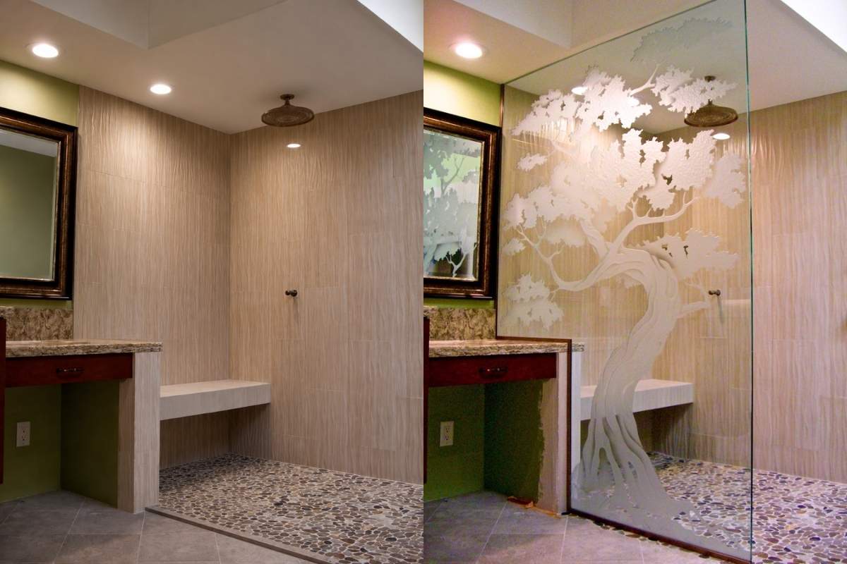 Before and after bathroom shower with Bonsai Tree 3D carved and shaded glass partition panel adding semi-privacy and artful style.