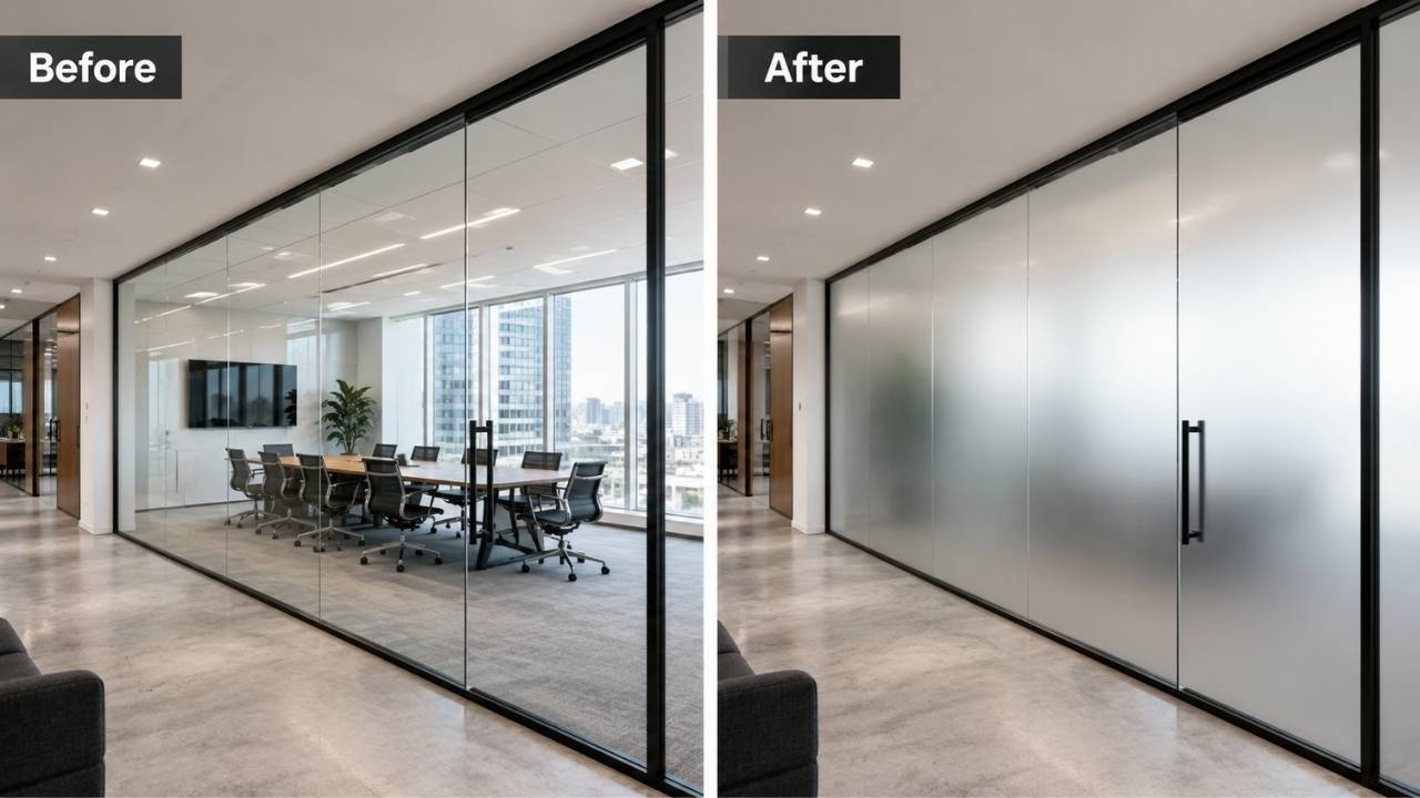 Before-and-after office glass partition showing clear glass replaced with frosted glass for improved workplace privacy.