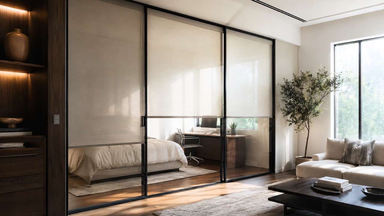 Glass partition wall with integrated roller shades creating adjustable privacy between a bedroom, workspace, and living area while maintaining natural light.