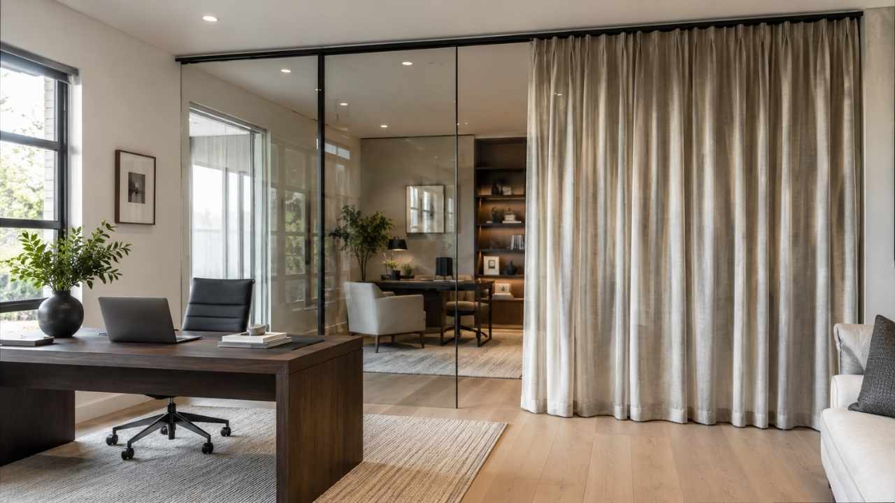 Modern glass partition wall with floor-to-ceiling curtains providing adjustable privacy between a home office and living space.