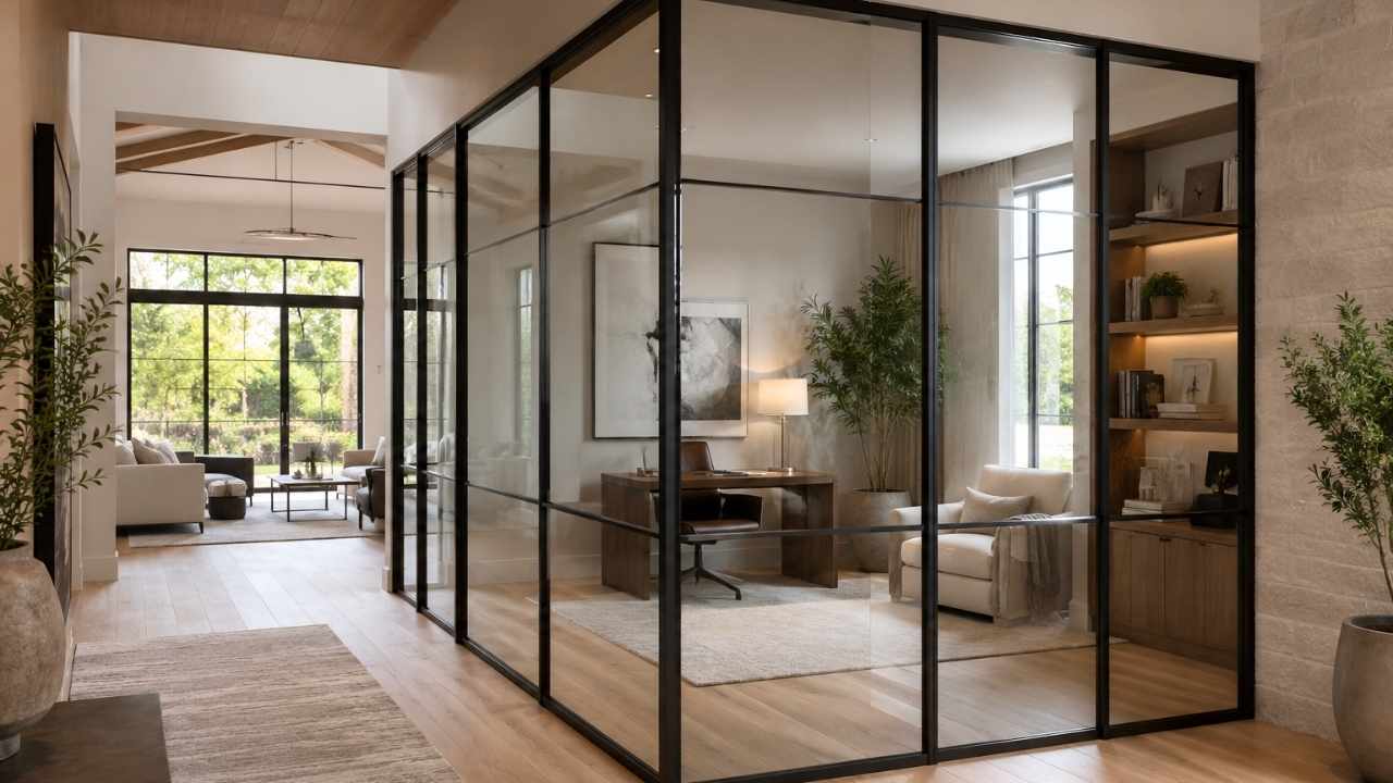 Modern interior with a strategically placed black-framed glass partition wall creating privacy for a home office while maintaining an open layout.