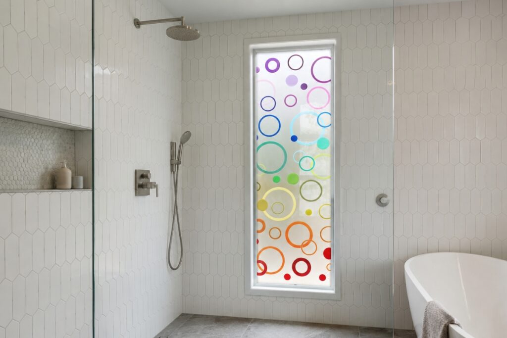 Modern shower with window featuring colorful frosted glass circle design in a clean, newly built bathroom interior