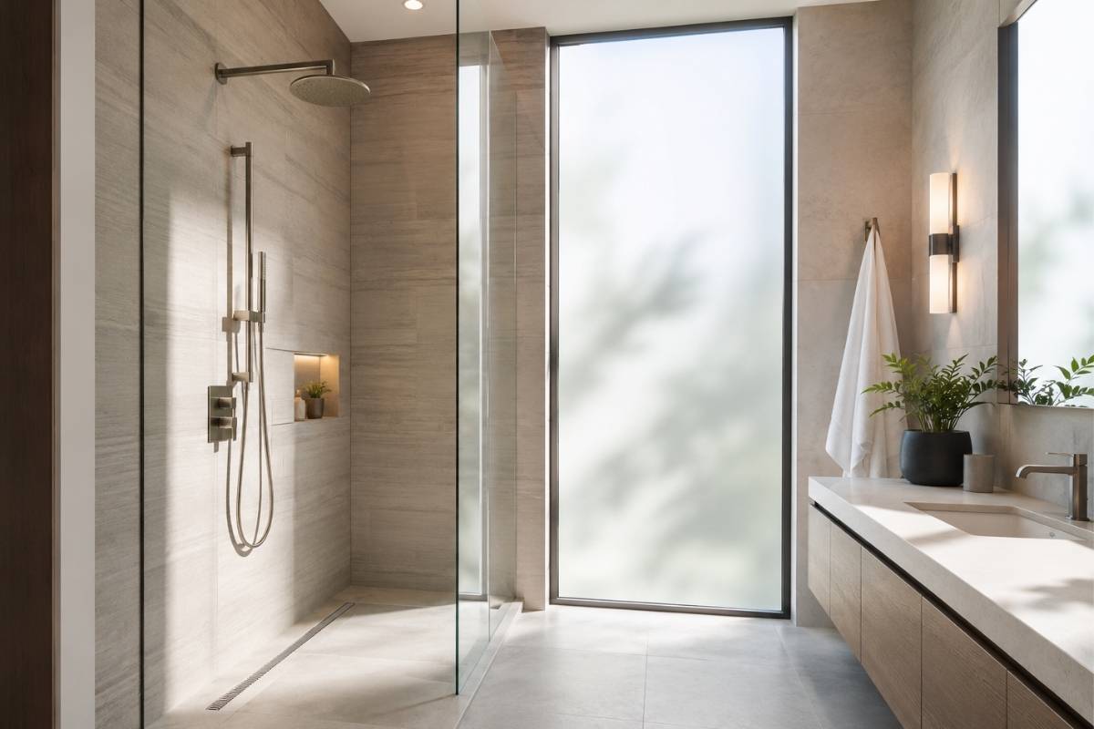 Modern shower with window featuring a full-length frosted glass panel beside a walk-in shower for bright, private bathroom design