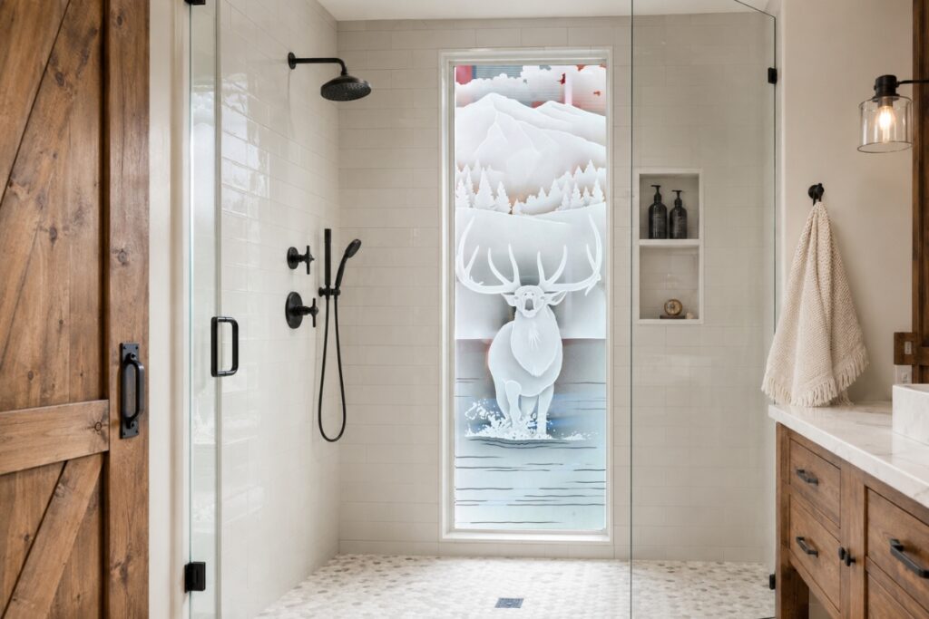 Farmhouse shower with window featuring full-length frosted glass and an etched elk mountain scene for privacy and natural light