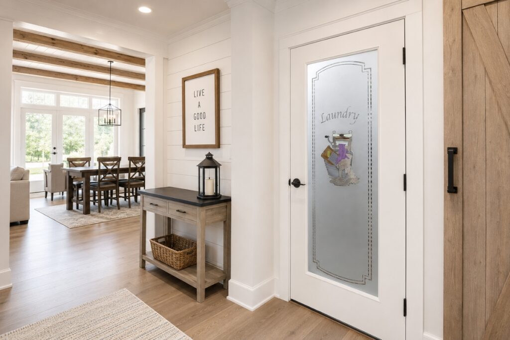 Modern farmhouse interior with a white framed laundry door featuring frosted glass with design: etched Laundry text, and a colorful carved laundry-themed design.