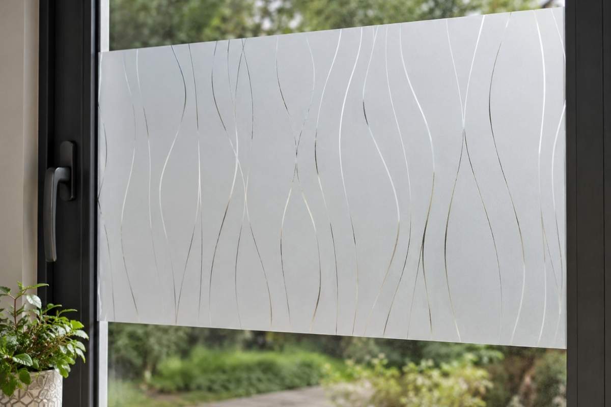 Decorative window film with a frosted wave pattern applied to a residential window, providing privacy while allowing natural light to pass through
