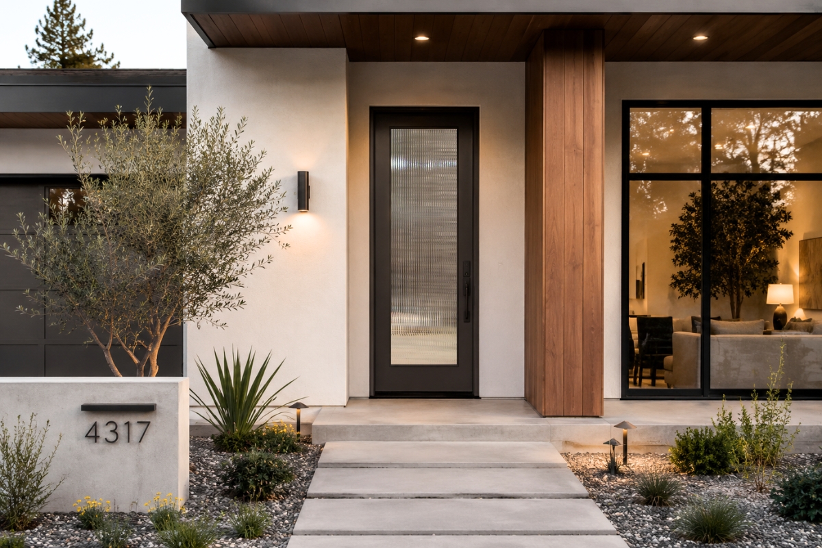 Modern home exterior featuring a standard-size fiberglass front door with full-height reeded glass, smooth stucco walls, warm wood accents, large contemporary windows, minimalist landscaping, and a covered front porch