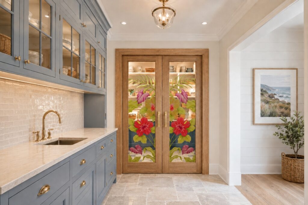 Decorative Frosted Glass Pantry Double Doors