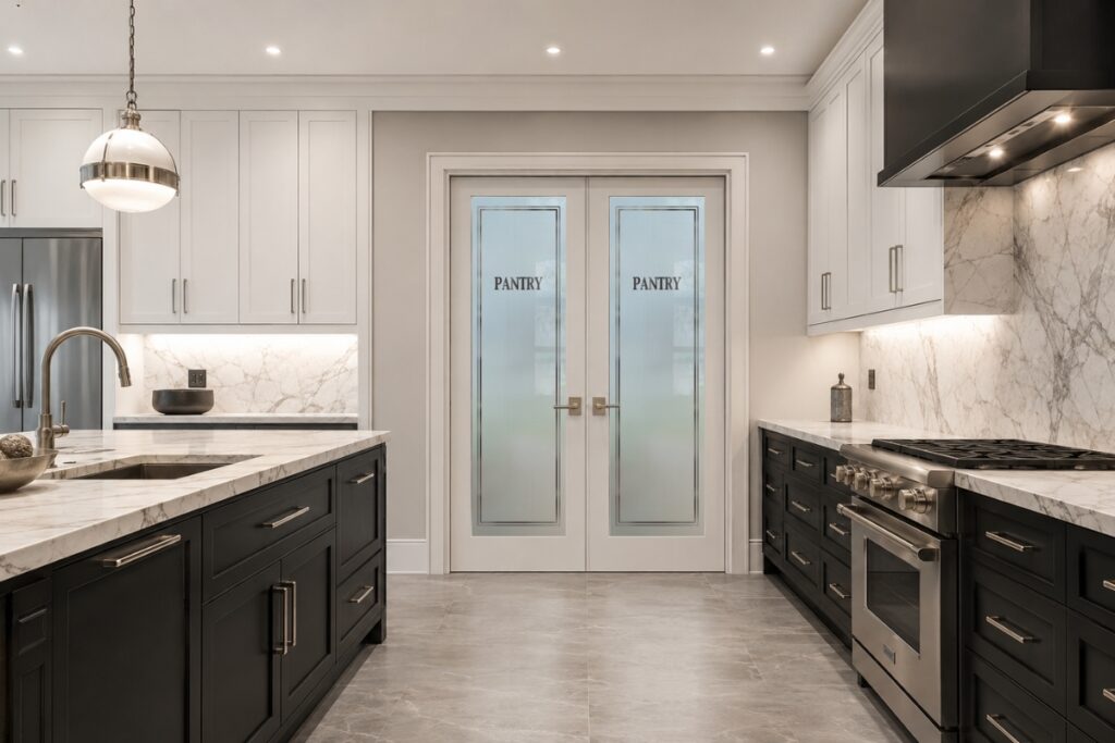 Double white wood pantry doors with frosted glass and Pantry lettering in a contemporary kitchen.