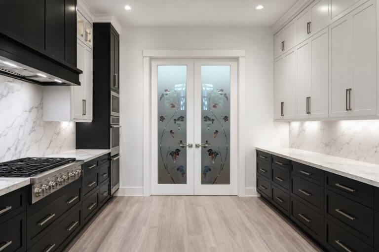 Double frosted glass pantry doors with Vineyard Grapes Unfurled design in a modern kitchen
