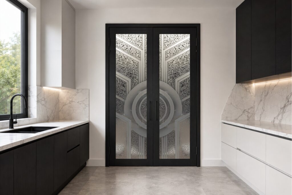 Double frosted glass pantry doors with geometric Sun Odyssey design in a clean modern kitchen opening