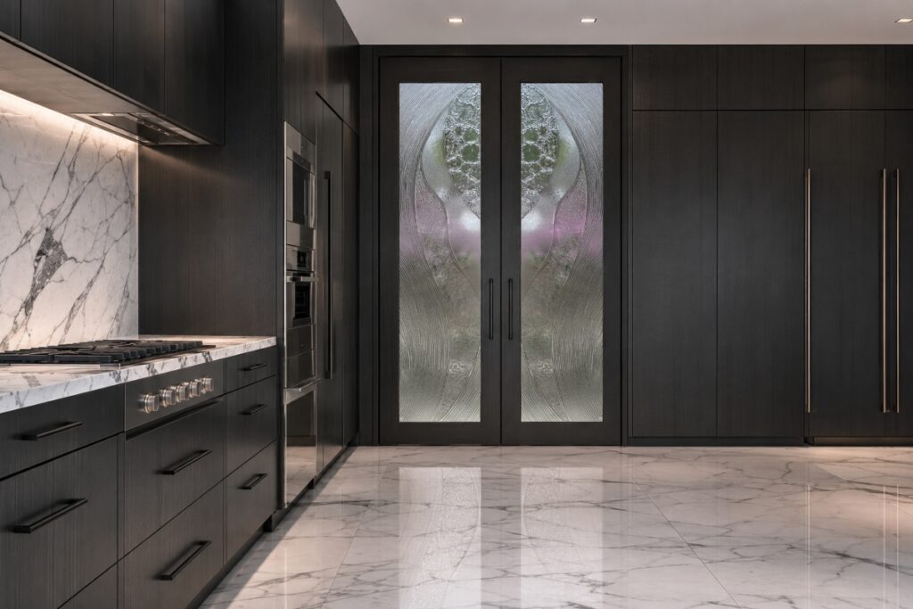Double glass pantry doors with textured cast glass inserts in a sleek modern black kitchen