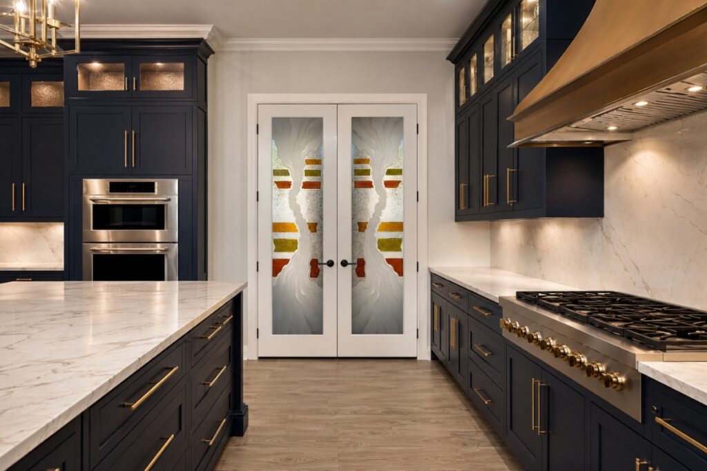 Double pantry doors with abstract frosted decorative glass inserts in a luxury kitchen with dark cabinetry