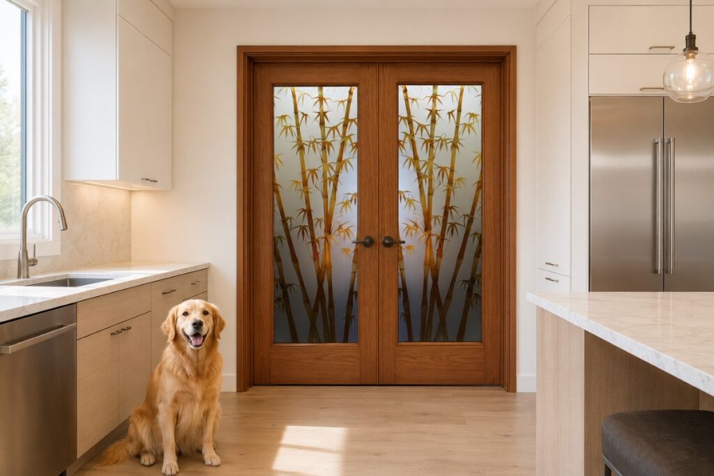 Double frosted glass pantry doors with bamboo design in a modern kitchen with a dog sitting nearby.