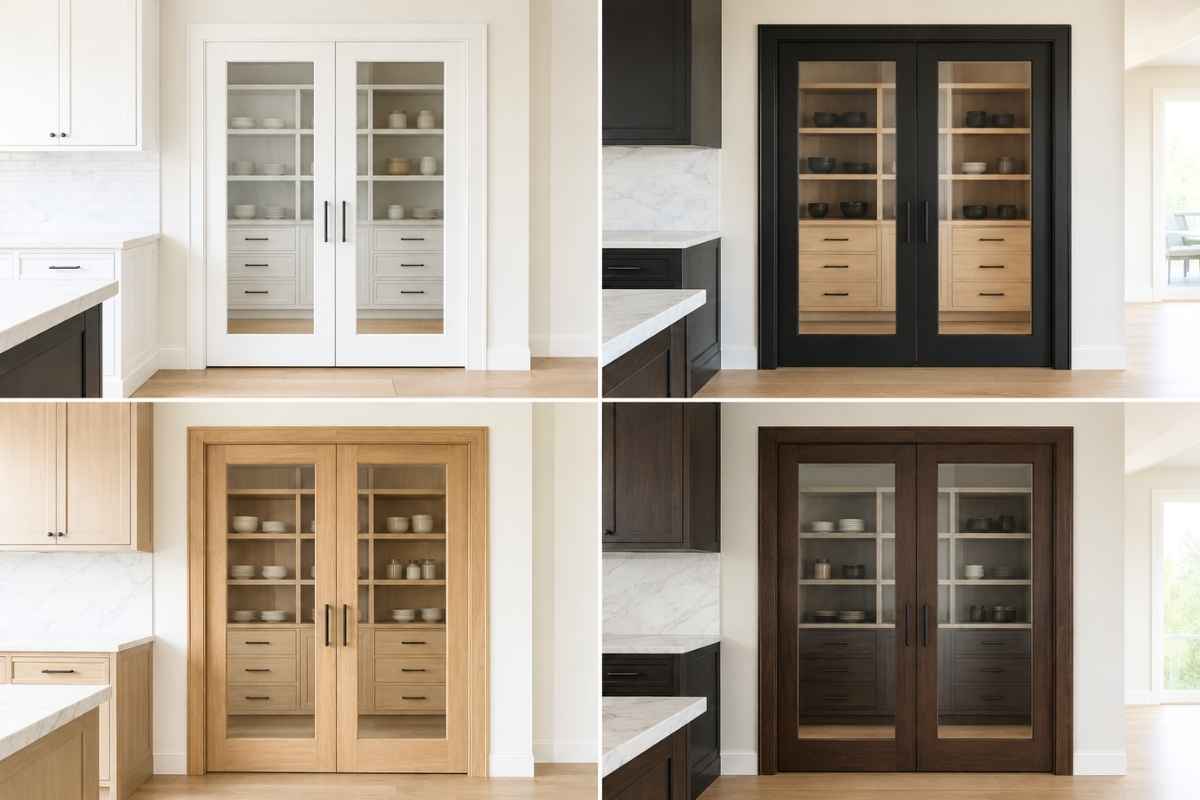 Collage of double pantry doors with white, black, natural wood, and espresso frames for large kitchen openings.