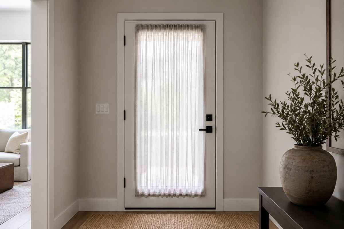 Front door with clear glass with white curtain, front door privacy options