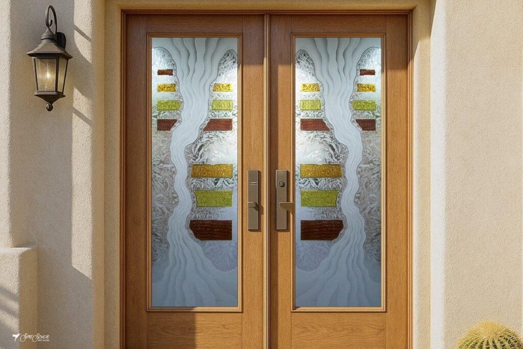 Double wood front doors with coordinating decorative glass panels