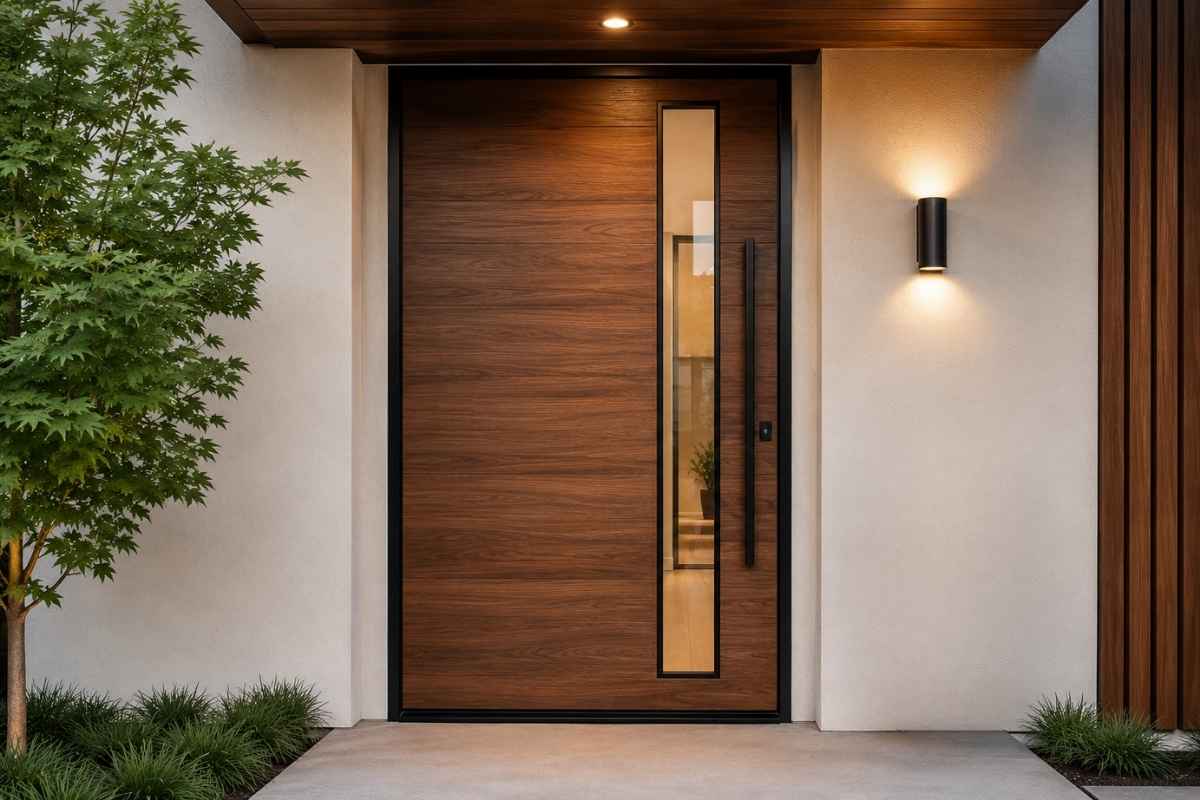 Modern wood entry door with a narrow vertical glass panel positioned off-center near the handle side for an asymmetrical contemporary effect