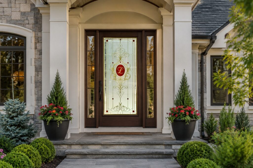 Traditional full-lite wood front door with decorative frosted glass, custom monogram, and elegant etched scrollwork.