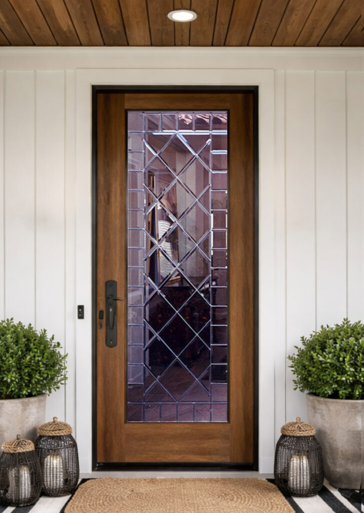 Traditional mahogany front door with a full-length beveled glass panel featuring an elegant diamond grid and decorative border.